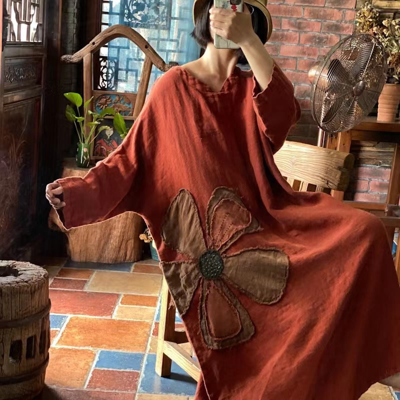 Vintage Embroidered Patchwork Linen Dress, Heavy Embroidered Patchwork Linen Dress