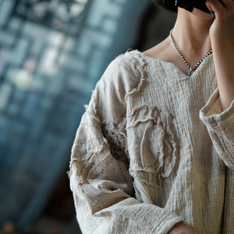 Vintage Patchwork Cotton Linen Shirt, Loose V-Neck Linen Top