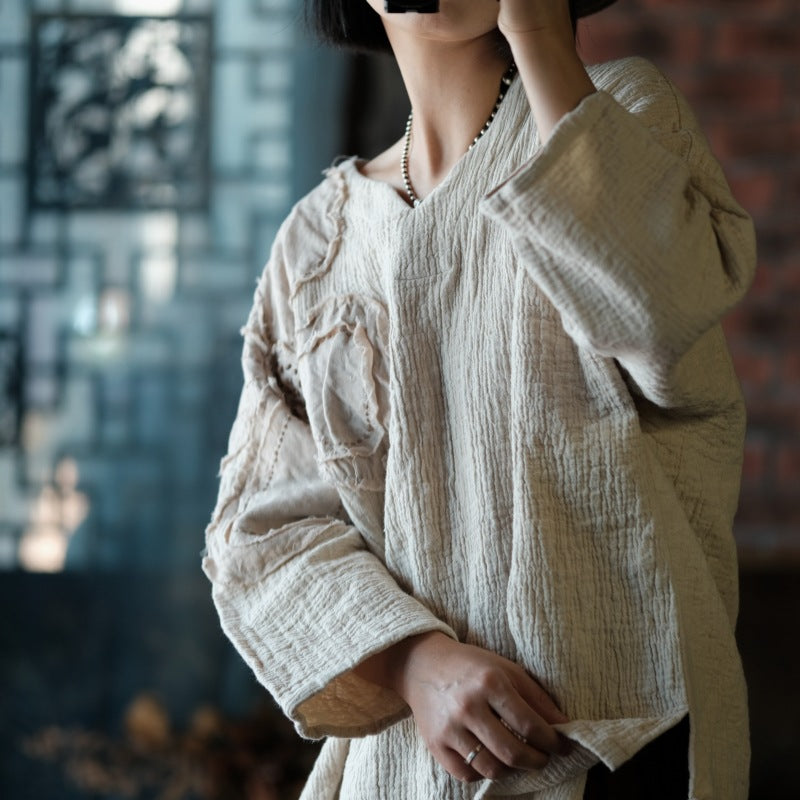 Vintage Patchwork Cotton Linen Shirt, Loose V-Neck Linen Top