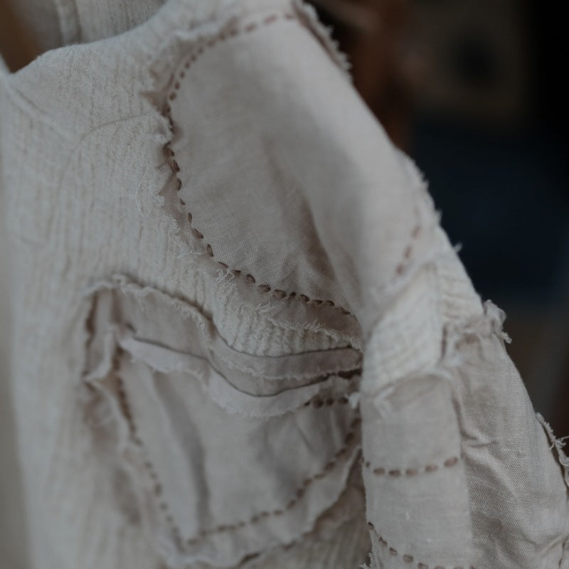 Vintage Patchwork Cotton Linen Shirt, Loose V-Neck Linen Top
