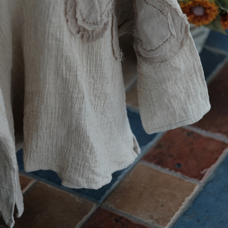 Vintage Patchwork Cotton Linen Shirt, Loose V-Neck Linen Top