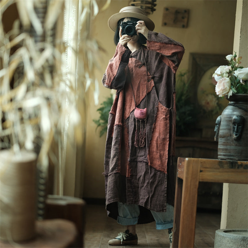 Vintage Patchwork Cotton Linen Dress, Loose Boat Neck Linen Dress