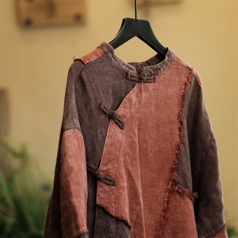 Vintage Patchwork Cotton Linen Dress, Loose Boat Neck Linen Dress