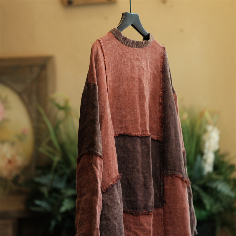 Vintage Patchwork Cotton Linen Dress, Loose Boat Neck Linen Dress