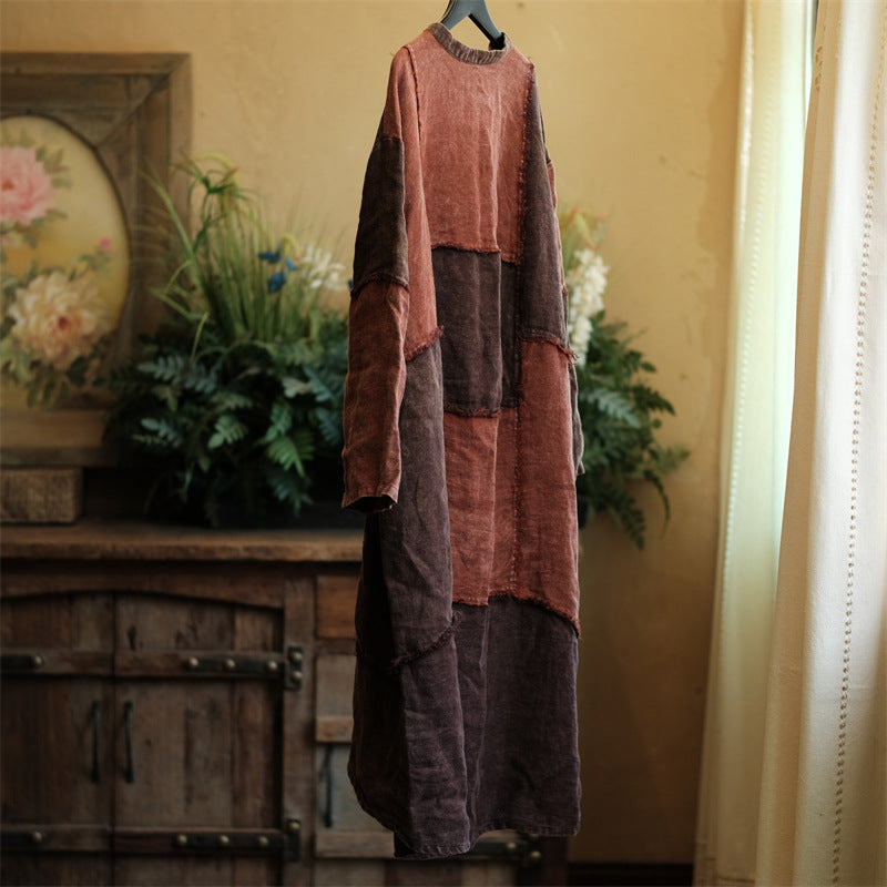 Vintage Patchwork Cotton Linen Dress, Loose Boat Neck Linen Dress