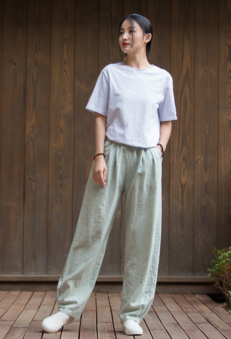 Women's Summer Linen Pants, 11 Color Loose Casual Elastic Waist Cotton Linen Pants