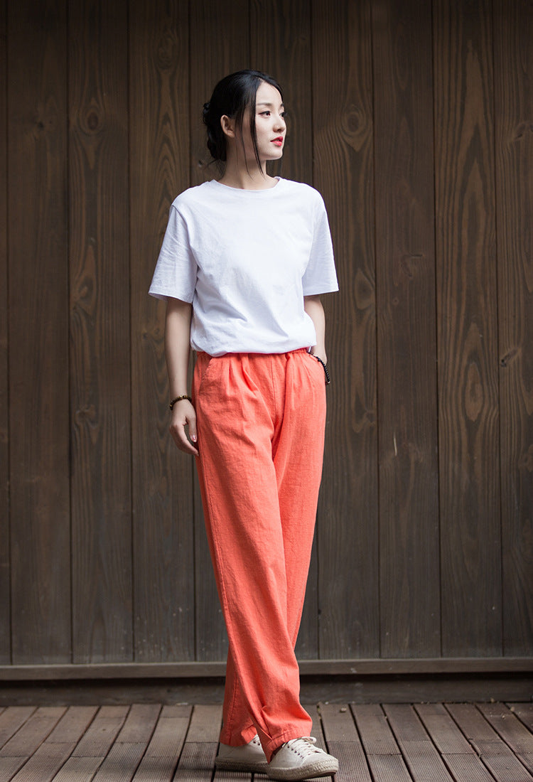 Women's Summer Linen Pants, 11 Color Loose Casual Elastic Waist Cotton Linen Pants