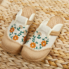 Summer Flower Embroidery Slippers,Vintage Handmade Cotton Linen Shoes,Bohemian Slippers