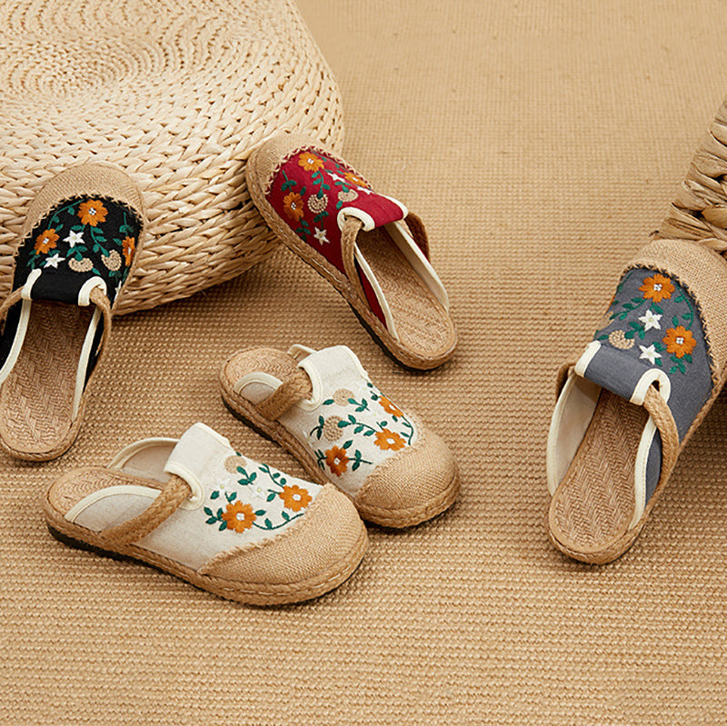 Summer Flower Embroidery Slippers,Vintage Handmade Cotton Linen Shoes,Bohemian Slippers