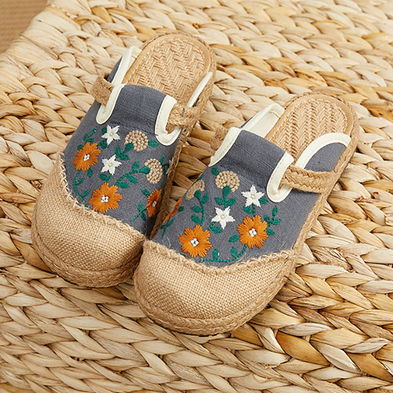 Summer Flower Embroidery Slippers,Vintage Handmade Cotton Linen Shoes,Bohemian Slippers