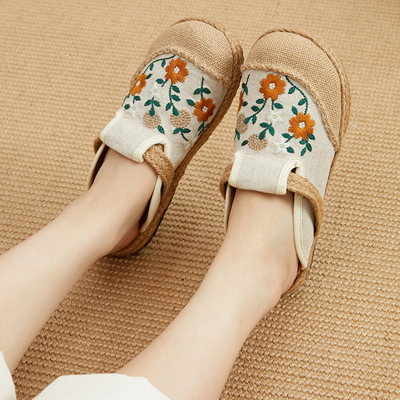 Summer Flower Embroidery Slippers,Vintage Handmade Cotton Linen Shoes,Bohemian Slippers