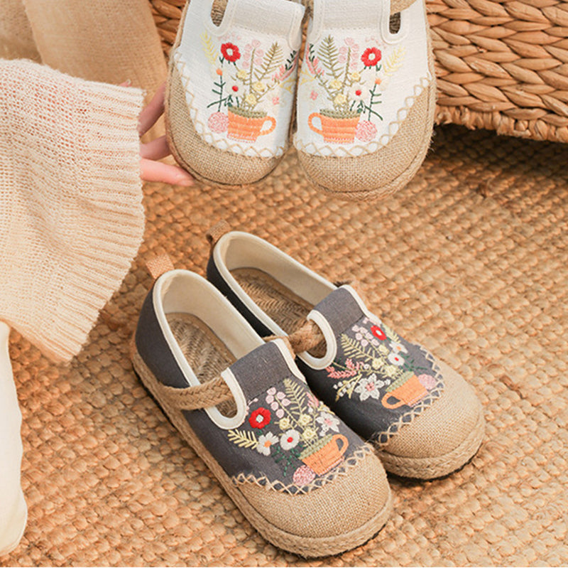 Summer Embroidery Flower Cotton Linen Shoes,Vintage Casual Shoes,Women's Handmade Loafers