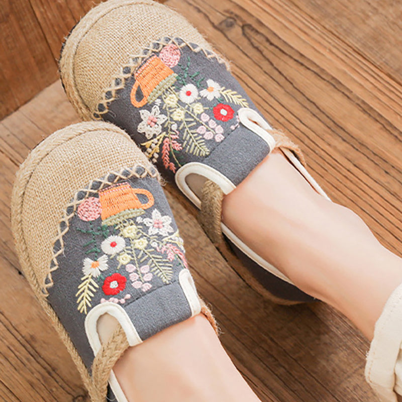 Summer Embroidery Flower Cotton Linen Shoes,Vintage Casual Shoes,Women's Handmade Loafers