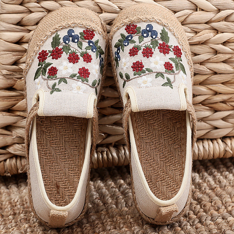 Flower Embroidery Summer Cotton Linen Shoes,Vintage Casual Shoes,Women's Handmade Loafers