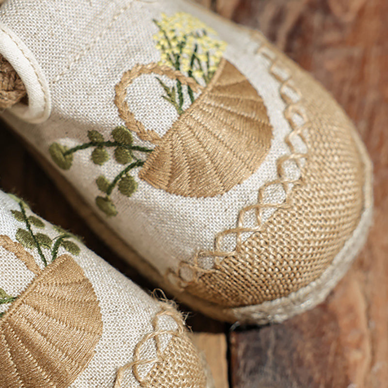 Women Cotton Linen Shoes,Vintage Summer Flower Embroidery Shoes,Vintage Handmade Cotton Linen Slippers