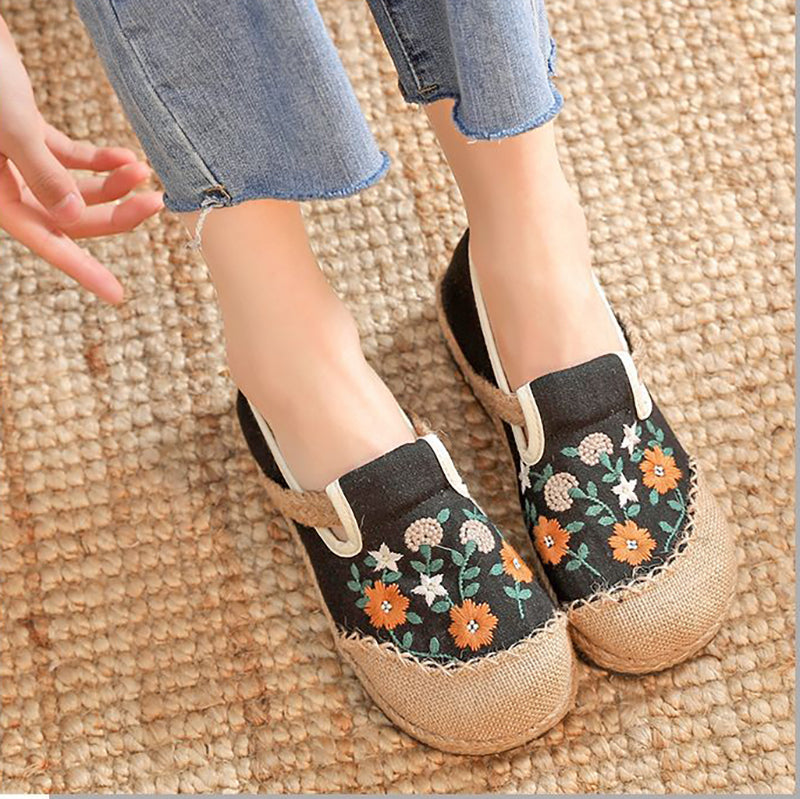 Summer cotton linen shoes, vintage embroidery linen shoes, women's summer casual shoes