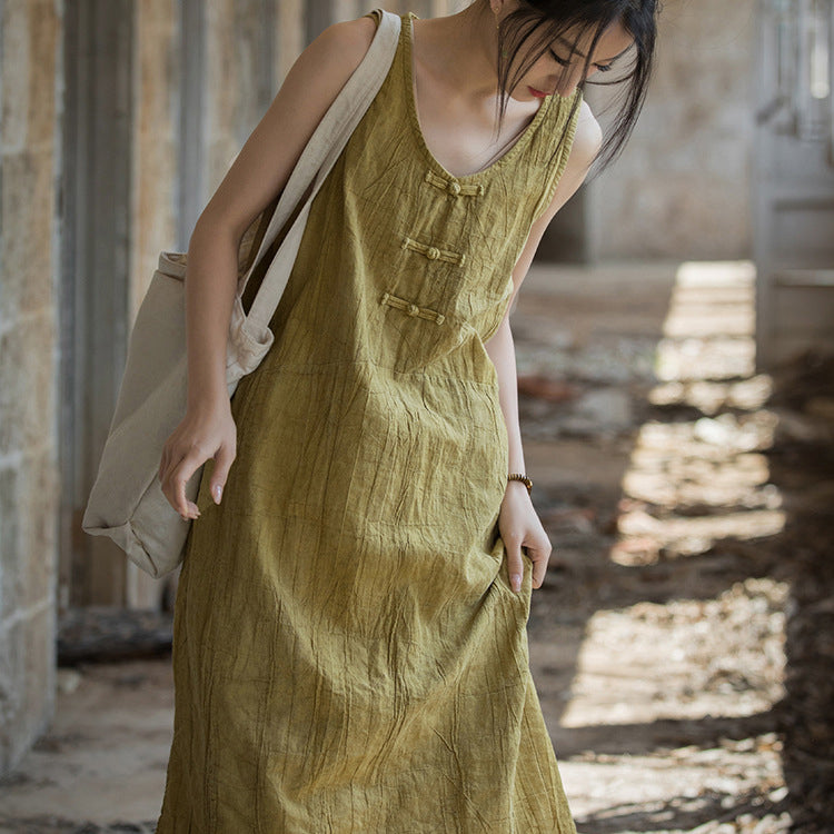 Vintage Stone Washed Cotton  Linen Pleated Boat Neck Dress, Summer Chinese Frog Button Sleeveless Dress