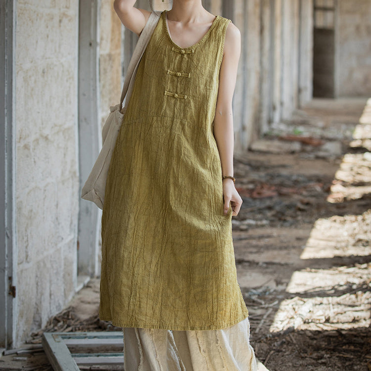 Vintage Stone Washed Cotton  Linen Pleated Boat Neck Dress, Summer Chinese Frog Button Sleeveless Dress