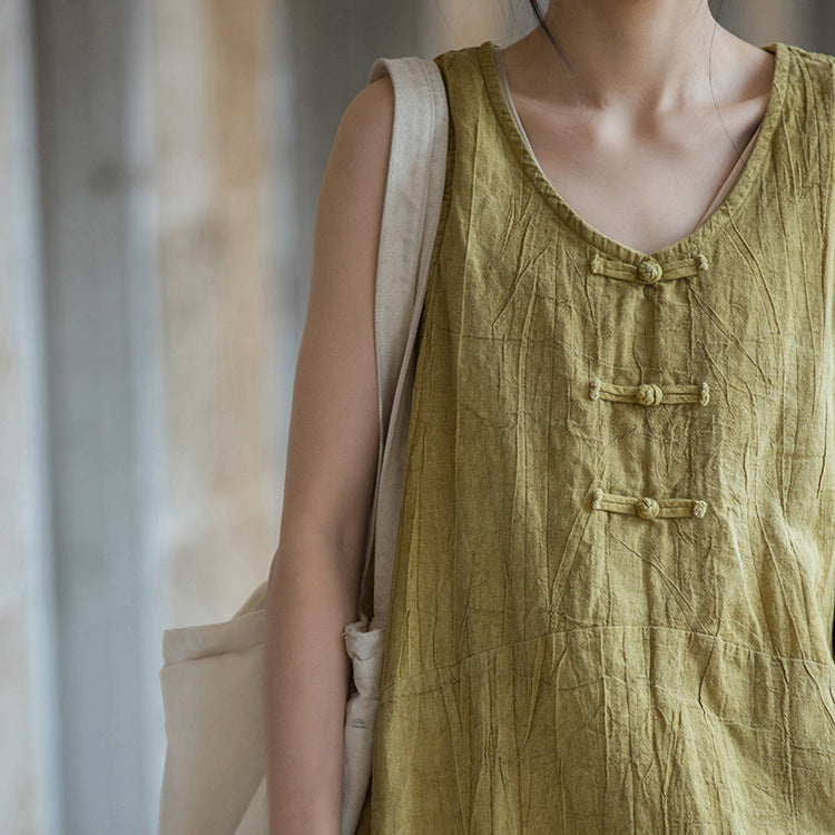 Vintage Stone Washed Cotton  Linen Pleated Boat Neck Dress, Summer Chinese Frog Button Sleeveless Dress