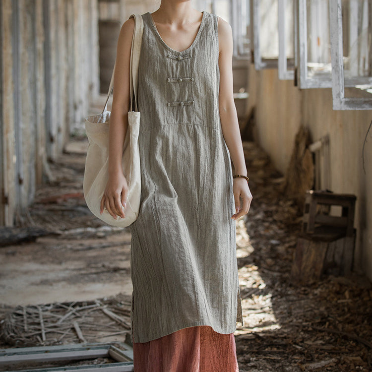 Vintage Stone Washed Cotton  Linen Pleated Boat Neck Dress, Summer Chinese Frog Button Sleeveless Dress