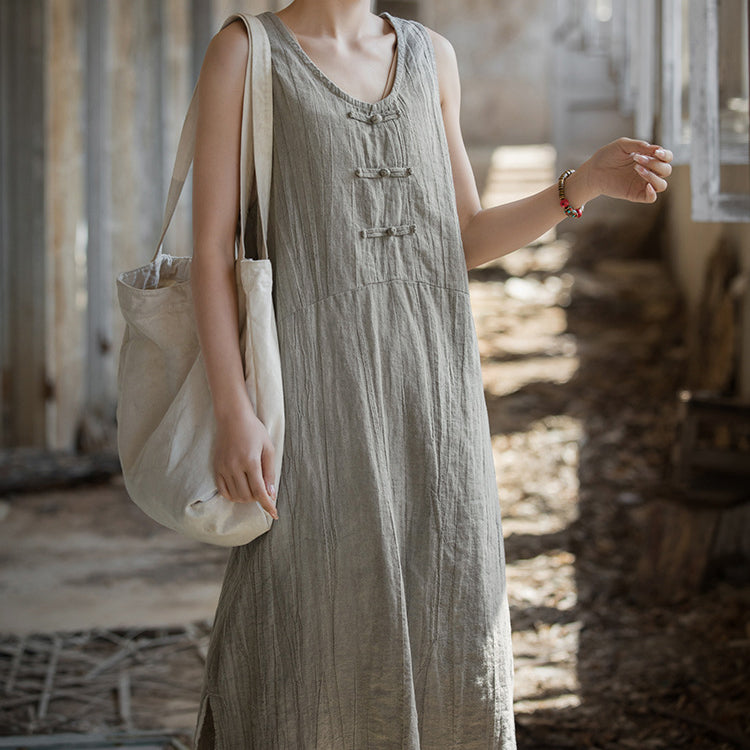 Vintage Stone Washed Cotton  Linen Pleated Boat Neck Dress, Summer Chinese Frog Button Sleeveless Dress