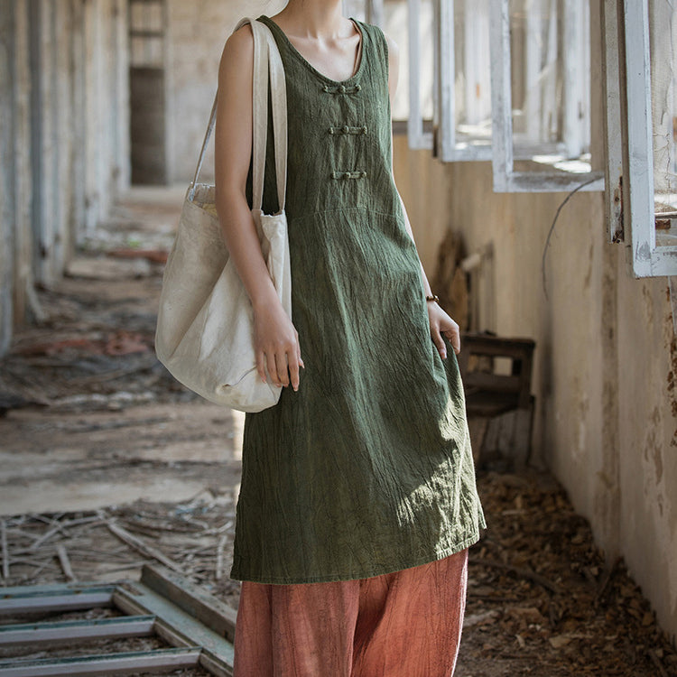 Vintage Stone Washed Cotton  Linen Pleated Boat Neck Dress, Summer Chinese Frog Button Sleeveless Dress