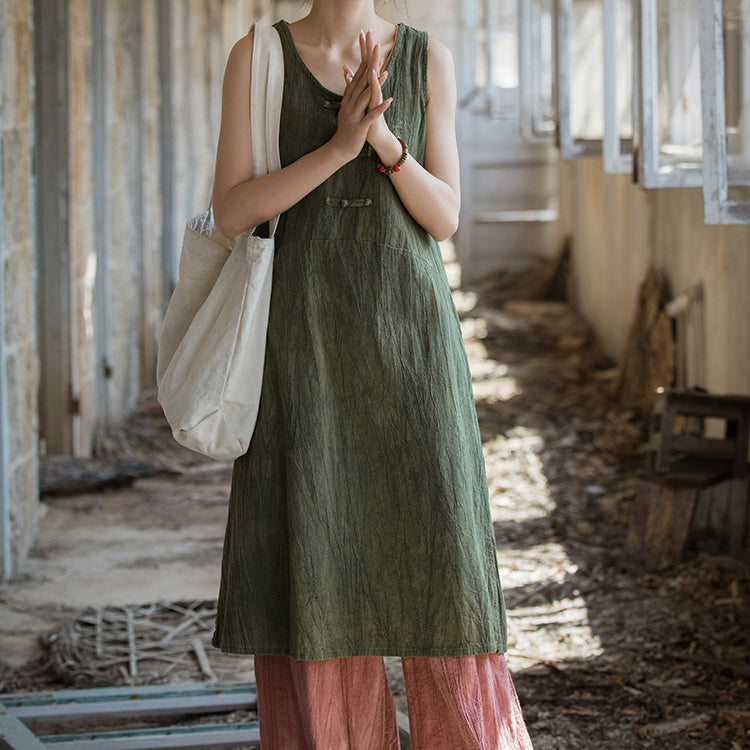 Vintage Stone Washed Cotton  Linen Pleated Boat Neck Dress, Summer Chinese Frog Button Sleeveless Dress