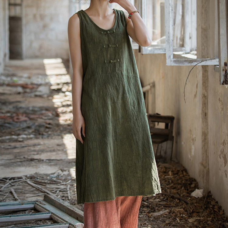 Vintage Stone Washed Cotton  Linen Pleated Boat Neck Dress, Summer Chinese Frog Button Sleeveless Dress