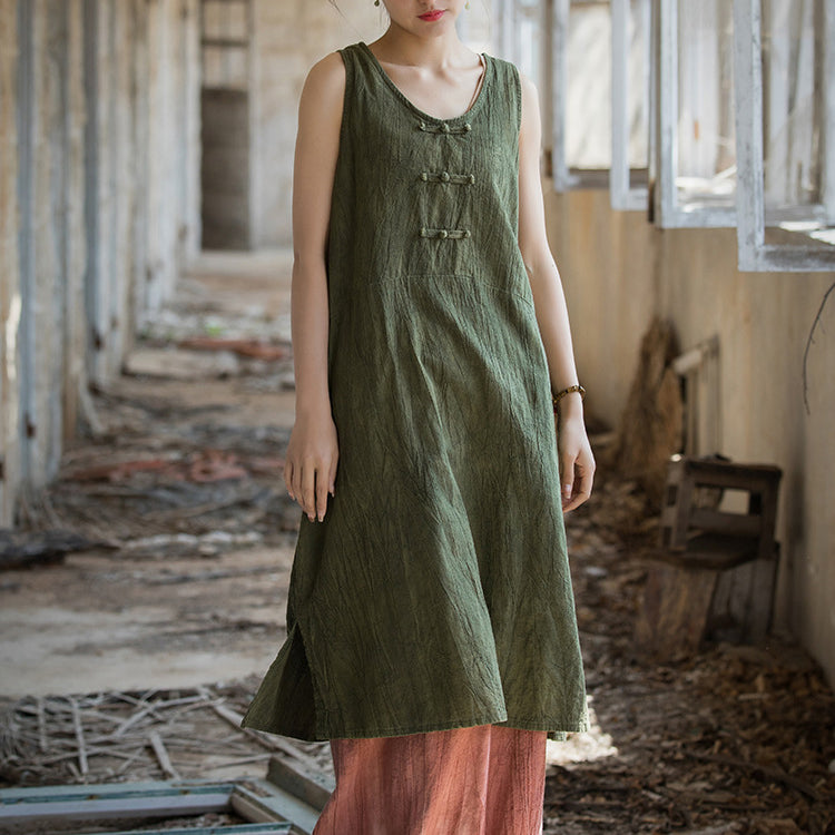 Vintage Stone Washed Cotton  Linen Pleated Boat Neck Dress, Summer Chinese Frog Button Sleeveless Dress