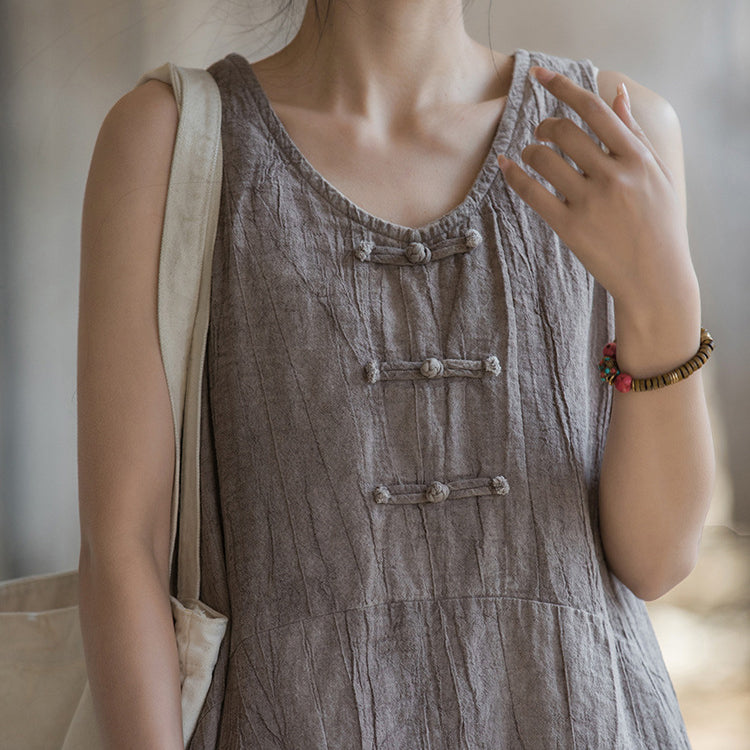 Vintage Stone Washed Cotton  Linen Pleated Boat Neck Dress, Summer Chinese Frog Button Sleeveless Dress