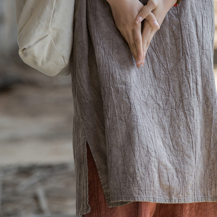 Vintage Stone Washed Cotton  Linen Pleated Boat Neck Dress, Summer Chinese Frog Button Sleeveless Dress