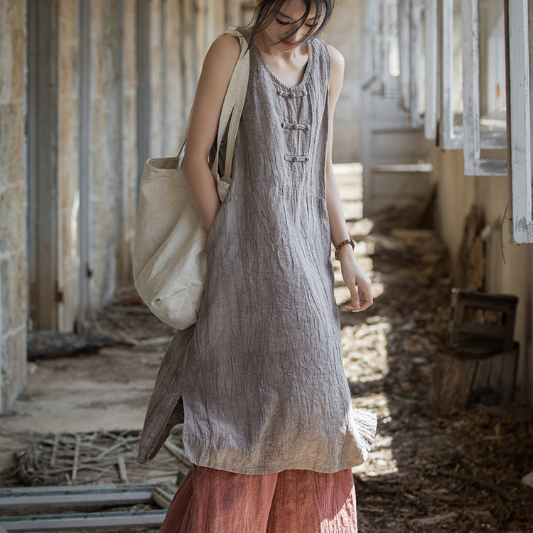 Vintage Stone Washed Cotton  Linen Pleated Boat Neck Dress, Summer Chinese Frog Button Sleeveless Dress