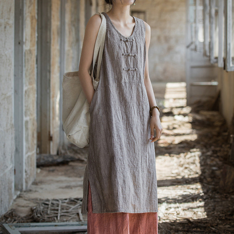 Vintage Stone Washed Cotton  Linen Pleated Boat Neck Dress, Summer Chinese Frog Button Sleeveless Dress