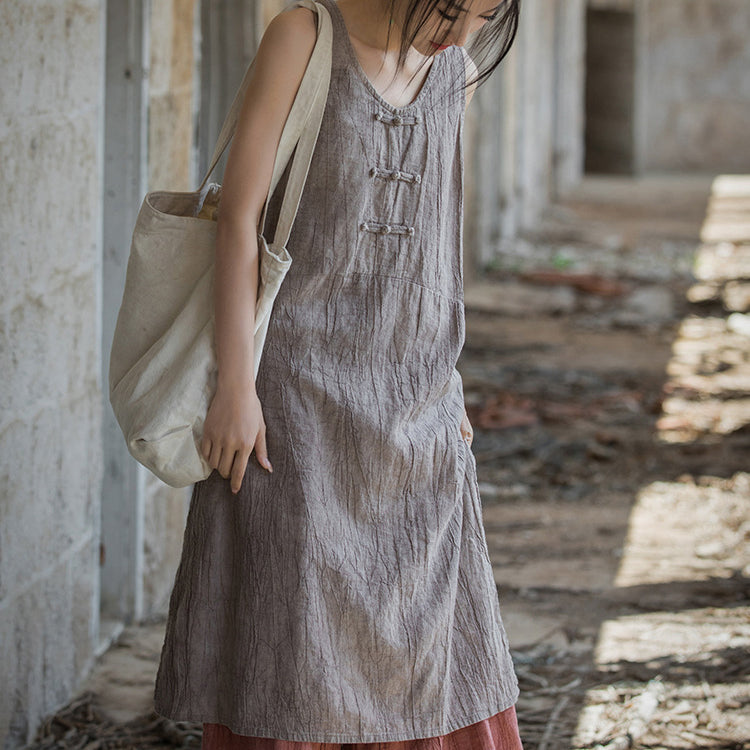 Vintage Stone Washed Cotton  Linen Pleated Boat Neck Dress, Summer Chinese Frog Button Sleeveless Dress