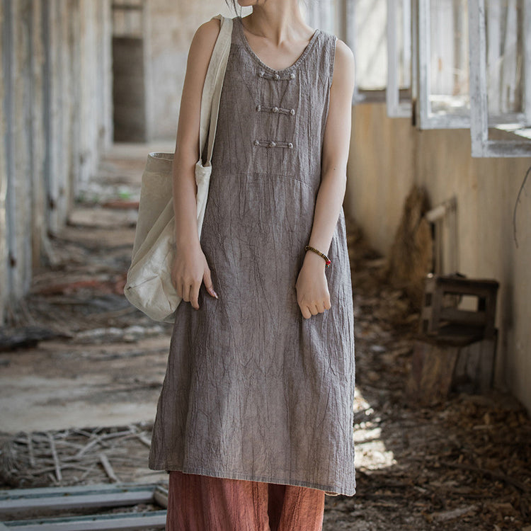 Vintage Stone Washed Cotton  Linen Pleated Boat Neck Dress, Summer Chinese Frog Button Sleeveless Dress