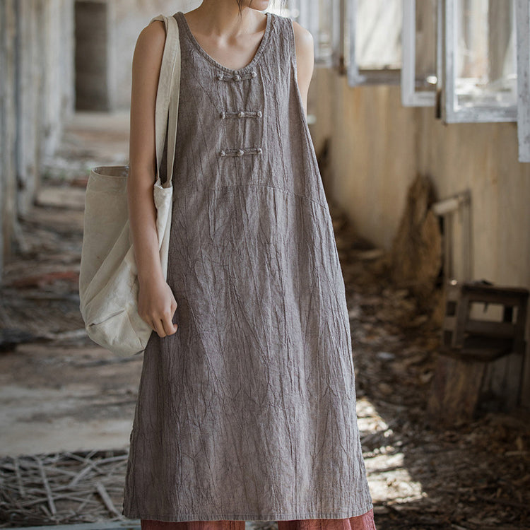 Vintage Stone Washed Cotton  Linen Pleated Boat Neck Dress, Summer Chinese Frog Button Sleeveless Dress