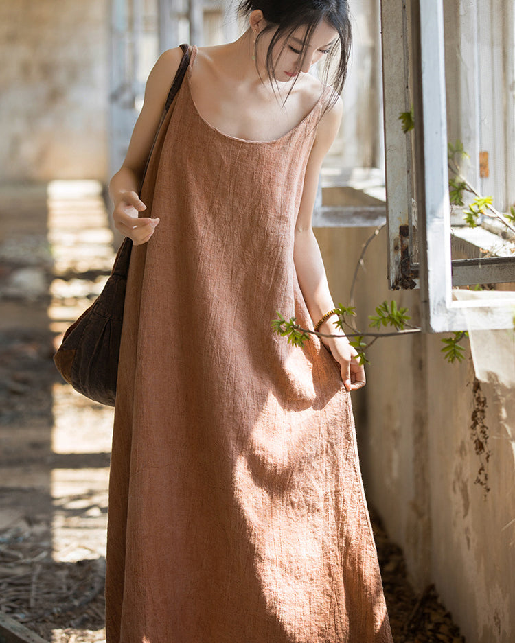 Summer Tie-Dye Sleeveless Dress, Vintage Stonewashed Cotton  Linen Pleated Boat Neck Dresses