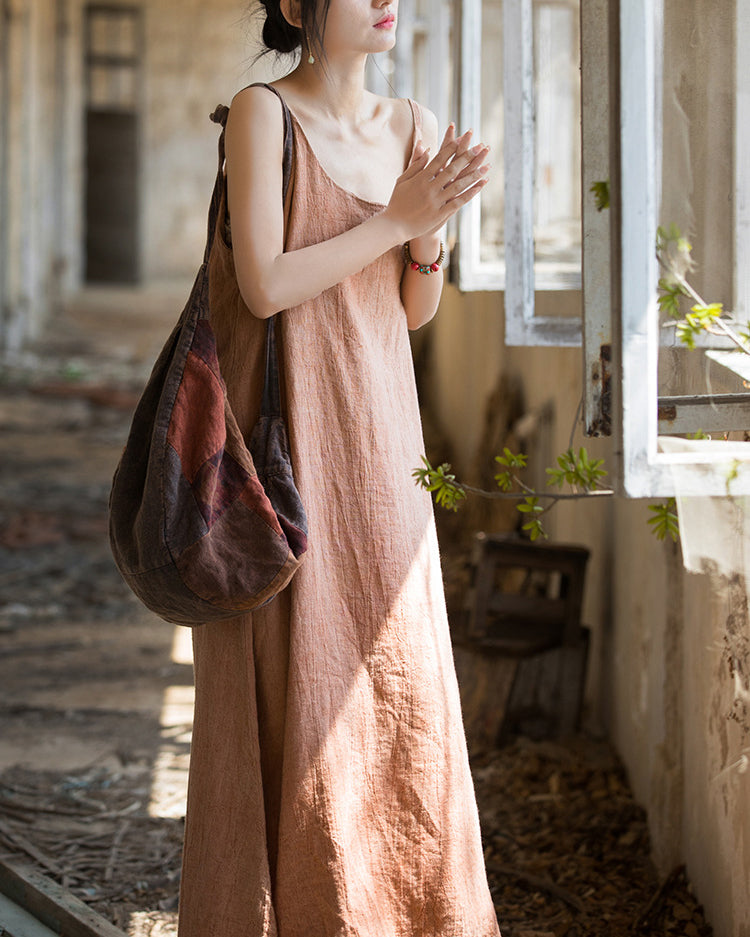 Summer Tie-Dye Sleeveless Dress, Vintage Stonewashed Cotton  Linen Pleated Boat Neck Dresses