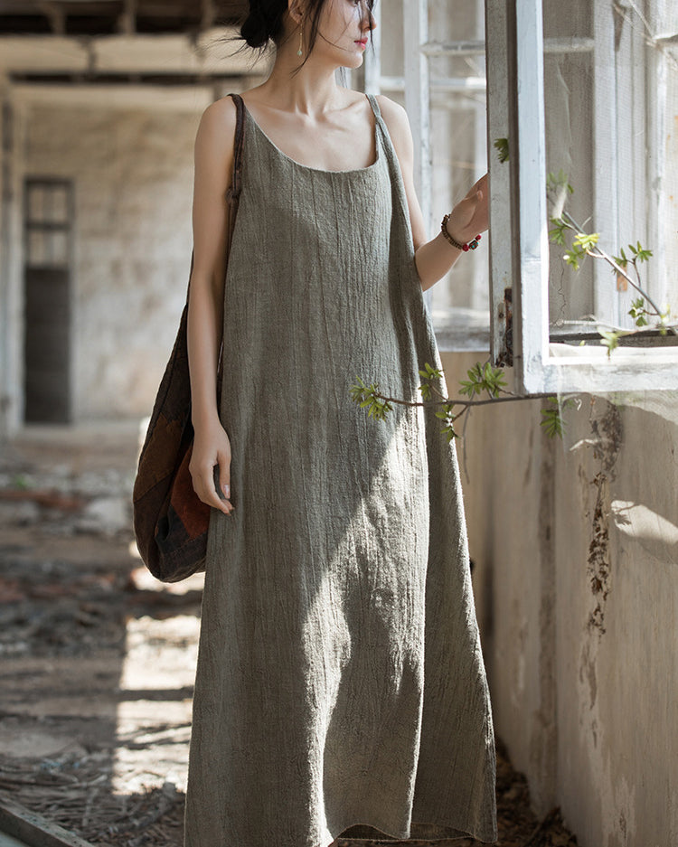 Summer Tie-Dye Sleeveless Dress, Vintage Stonewashed Cotton  Linen Pleated Boat Neck Dresses