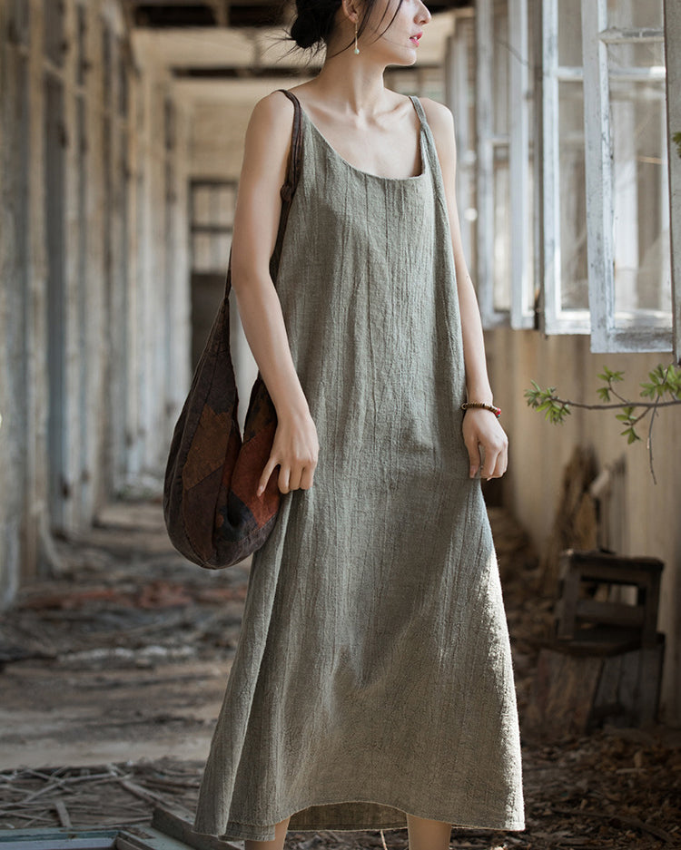 Summer Tie-Dye Sleeveless Dress, Vintage Stonewashed Cotton  Linen Pleated Boat Neck Dresses