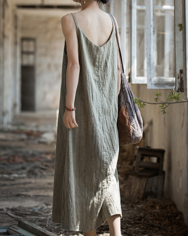 Summer Tie-Dye Sleeveless Dress, Vintage Stonewashed Cotton  Linen Pleated Boat Neck Dresses