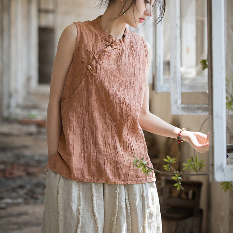 Chinese Standing Collar Frog Button Sleeveless Top, Vintage Tie-Dye Stone Washed Pleated Cotton Linen Sleeveless Shirt