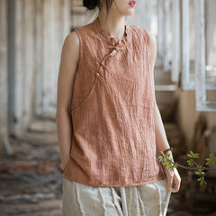 Chinese Standing Collar Frog Button Sleeveless Top, Vintage Tie-Dye Stone Washed Pleated Cotton Linen Sleeveless Shirt