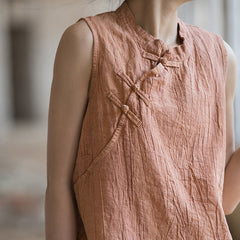 Chinese Standing Collar Frog Button Sleeveless Top, Vintage Tie-Dye Stone Washed Pleated Cotton Linen Sleeveless Shirt