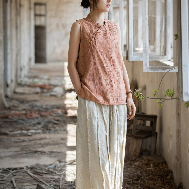 Chinese Standing Collar Frog Button Sleeveless Top, Vintage Tie-Dye Stone Washed Pleated Cotton Linen Sleeveless Shirt