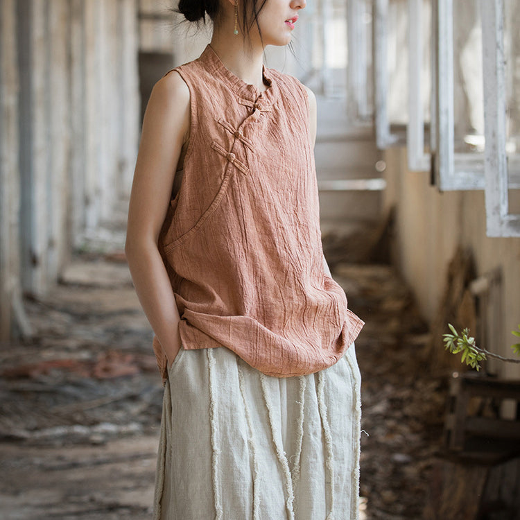 Chinese Standing Collar Frog Button Sleeveless Top, Vintage Tie-Dye Stone Washed Pleated Cotton Linen Sleeveless Shirt