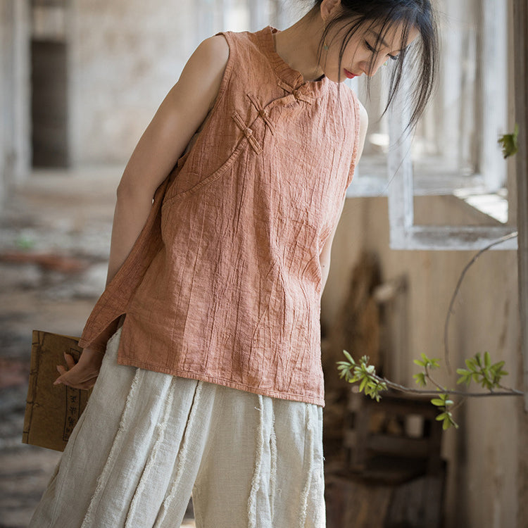 Chinese Standing Collar Frog Button Sleeveless Top, Vintage Tie-Dye Stone Washed Pleated Cotton Linen Sleeveless Shirt