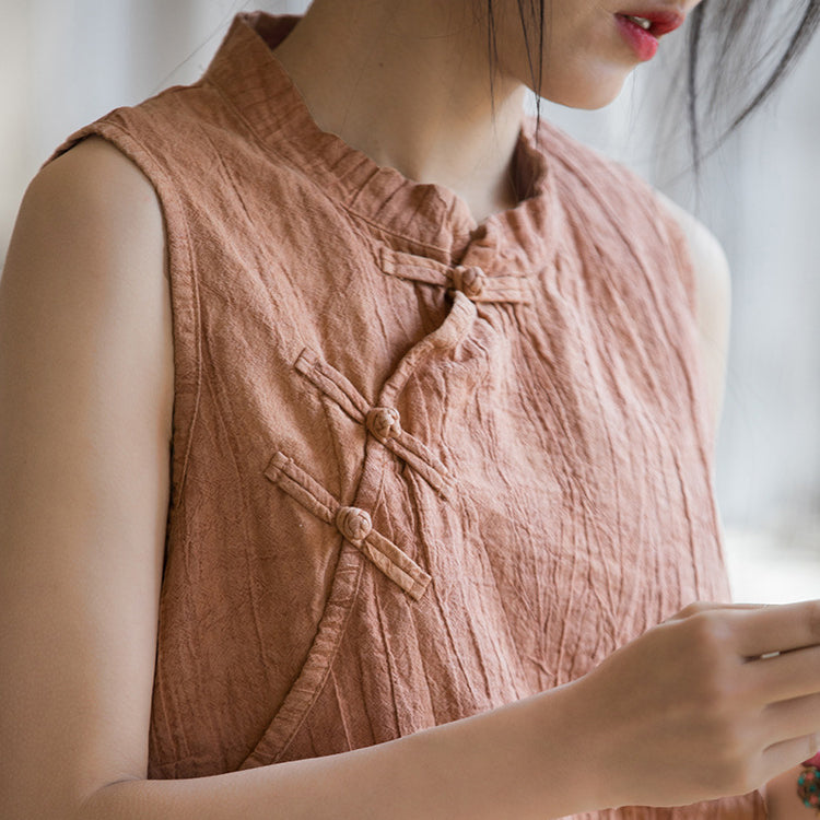 Chinese Standing Collar Frog Button Sleeveless Top, Vintage Tie-Dye Stone Washed Pleated Cotton Linen Sleeveless Shirt