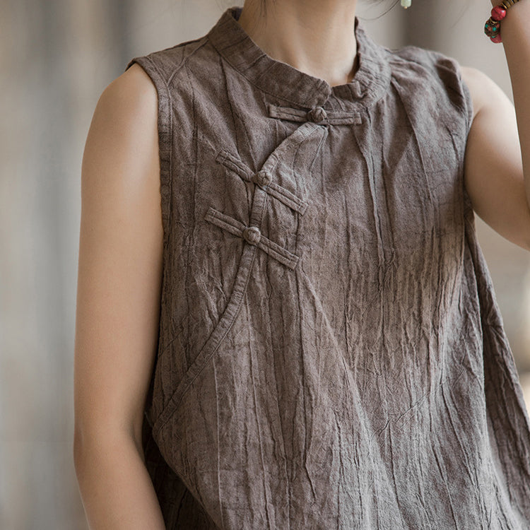 Chinese Standing Collar Frog Button Sleeveless Top, Vintage Tie-Dye Stone Washed Pleated Cotton Linen Sleeveless Shirt