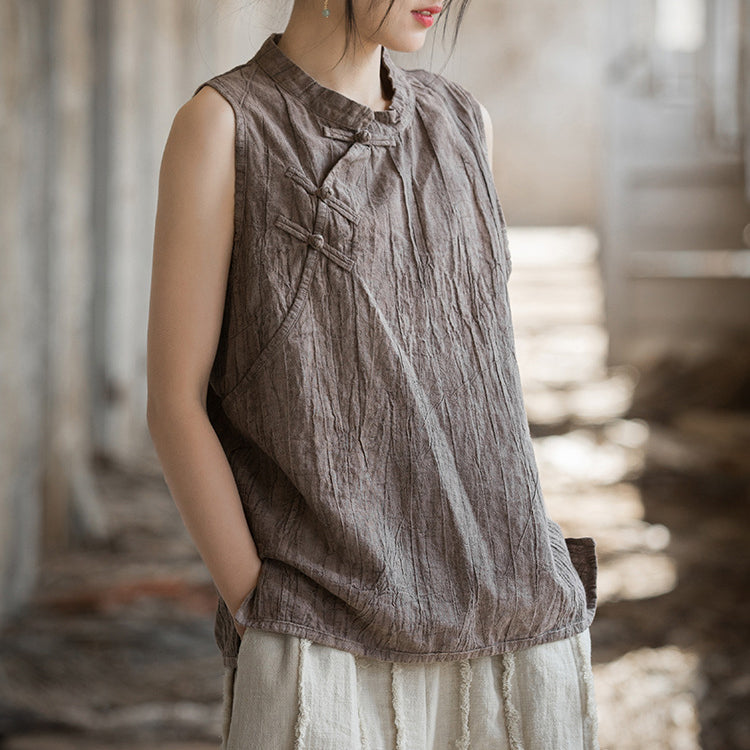 Chinese Standing Collar Frog Button Sleeveless Top, Vintage Tie-Dye Stone Washed Pleated Cotton Linen Sleeveless Shirt